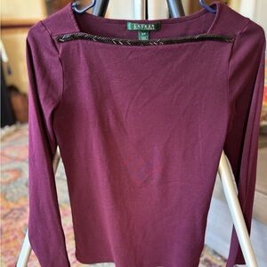 LAUREN Ralph Lauren Maroon Boat Neck Top beaded Trim Long Sleeve Small